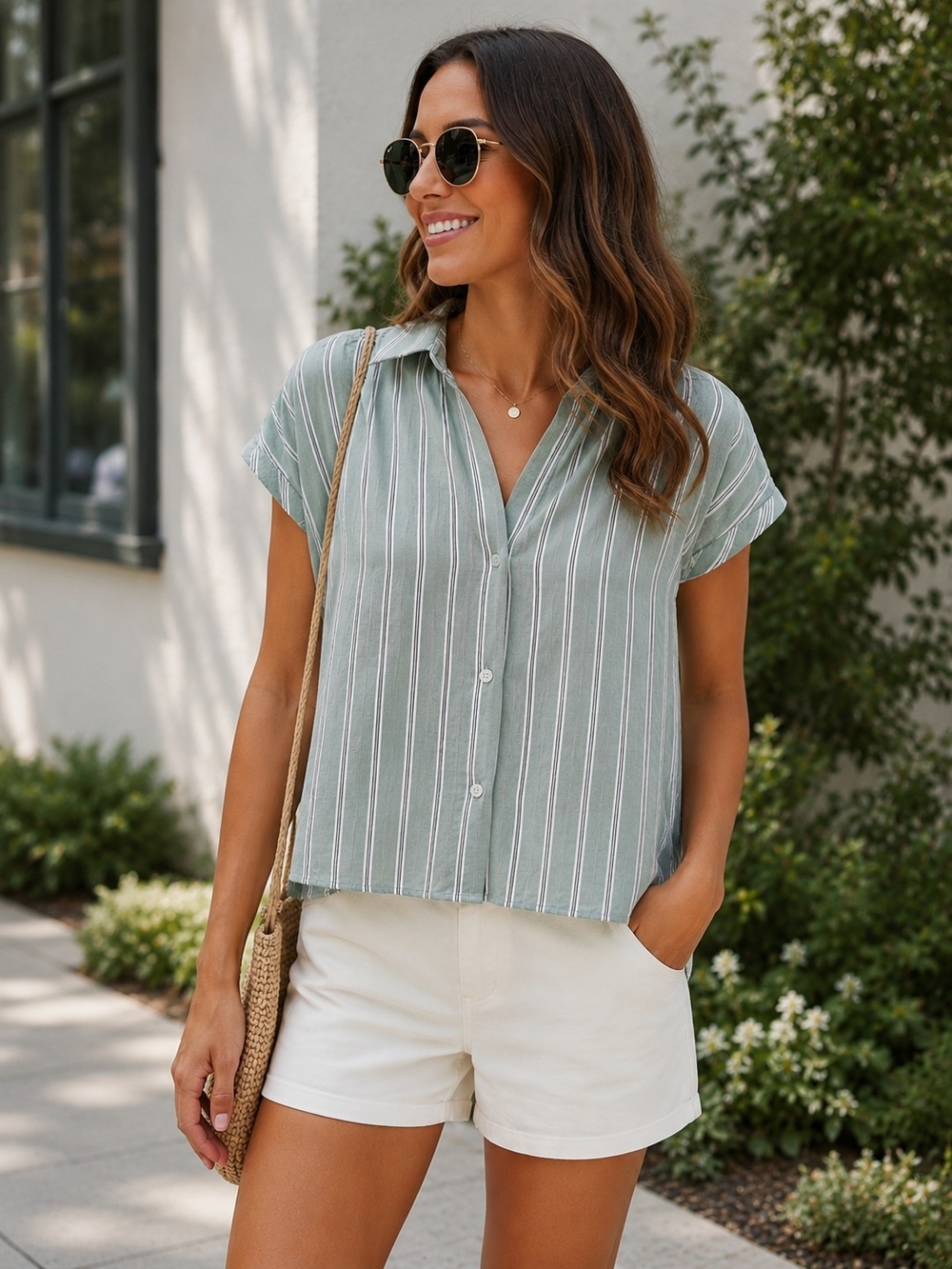 a.n.a Sage Green Striped Button-Front Short Sleeve Top